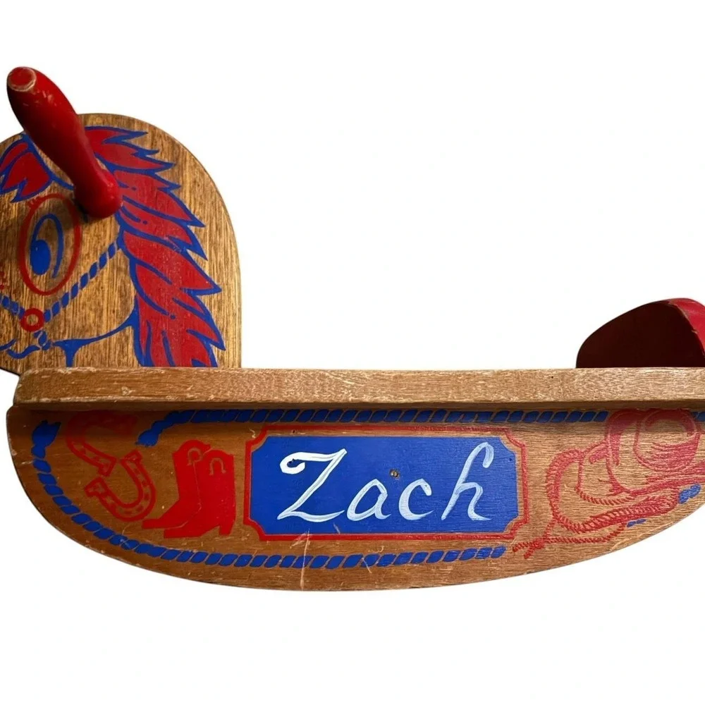 Vtg 80's Handmade wooden rocking horse with red/blue horse graphic